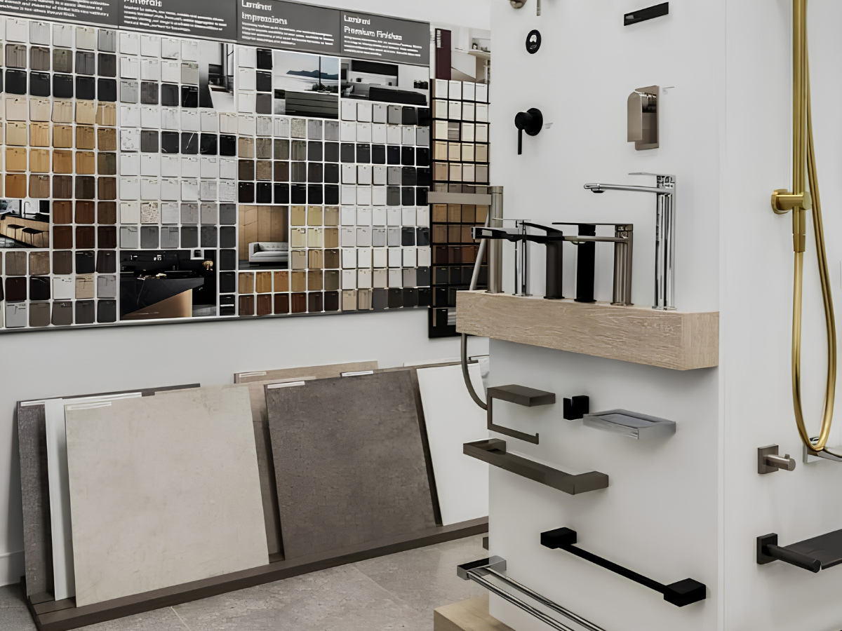 Showroom display of benchtop samples, finishes and tapware options